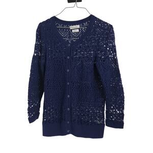 Van Heusen Navy Blue Open Knit Button Front Womens Size Medium M